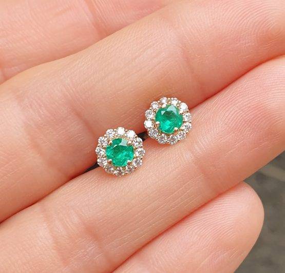 18K Gold Emerald Diamond Earrings| Colombian Emeralds and Diamonds Stud Earrings - 1982752
