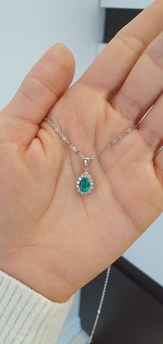 Natural Colombian Emerald and Diamond Halo Pendant in Platinum - 1982759