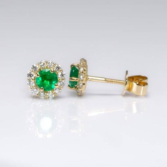 18K Gold Emerald Diamond Earrings| Colombian Emeralds and Diamonds Stud Earrings - 1982752-1