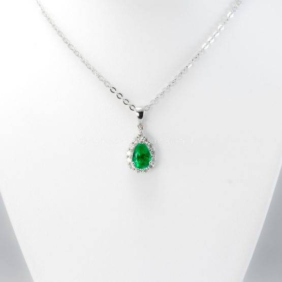 Natural Colombian Emerald and Diamond Halo Pendant in Platinum - 1982759-1