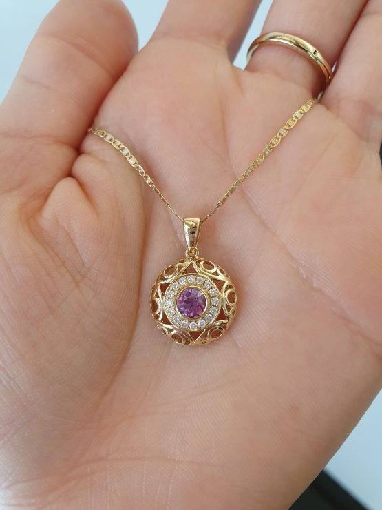 Natural Pink Sapphire Halo Pendant | Unheated Pink Sapphire and Diamonds Pendant in 18K Gold - 1982728