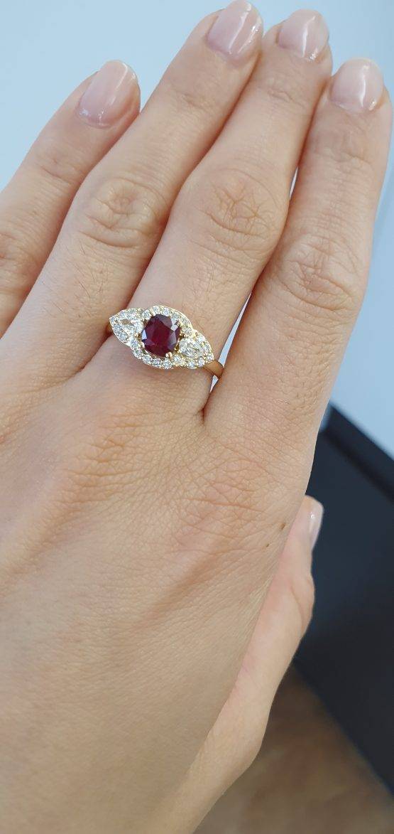 1 Carat Cushion Cut Ruby and Diamond Halo Ring in 18K Yellow Gold - 1982761