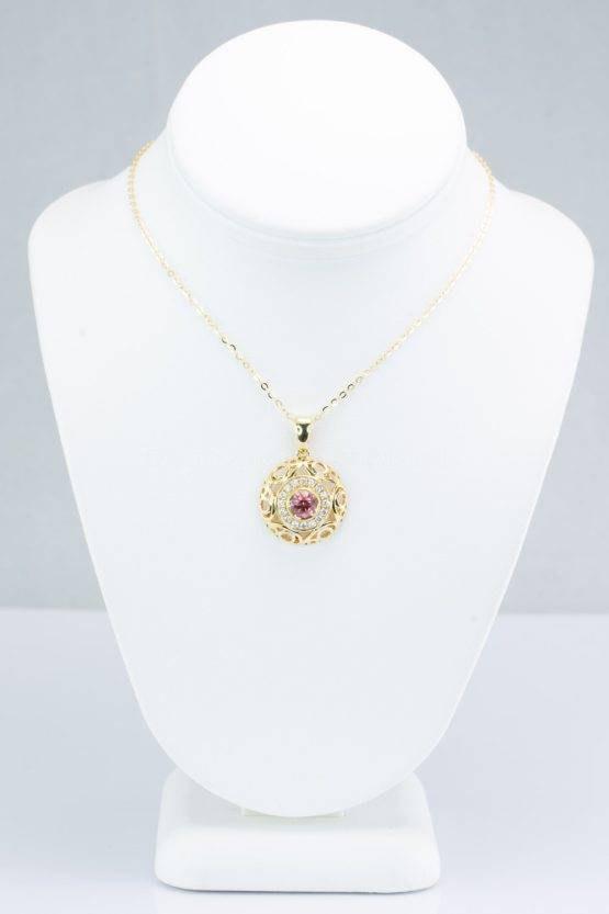 Natural Pink Sapphire Halo Pendant | Unheated Pink Sapphire and Diamonds Pendant in 18K Gold - 1982728-1