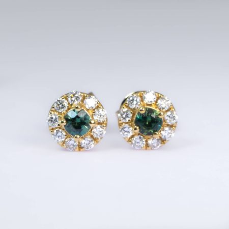 Australian Teal Sapphire Stud Earrings with Diamond Halo in 18K Yellow Gold - 1982768