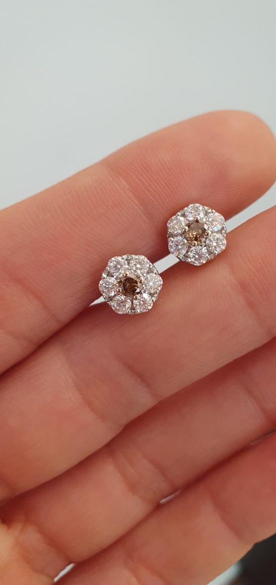 view on hand of Stud Earrings with Western Australian Champagne Diamonds & Moissanite Halo - 1982783