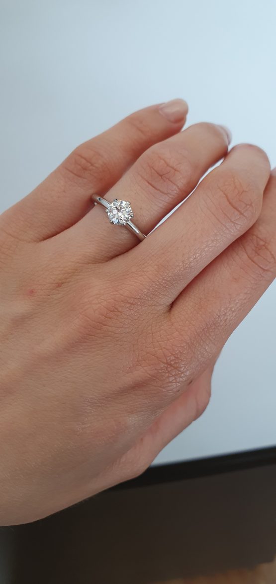 view on hand of 1.0 Carat GIA Certified Round Brilliant Diamond in Platinum Solitaire Setting