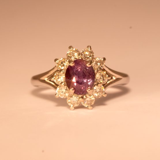 view under incandescent light of Platinum Ring with 1.98ct Oval Alexandrite & Diamond Halo - VVS Clarity - 1982777 - 2