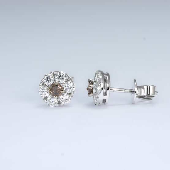 front and side view of Stud Earrings with Western Australian Champagne Diamonds & Moissanite Halo - 1982783