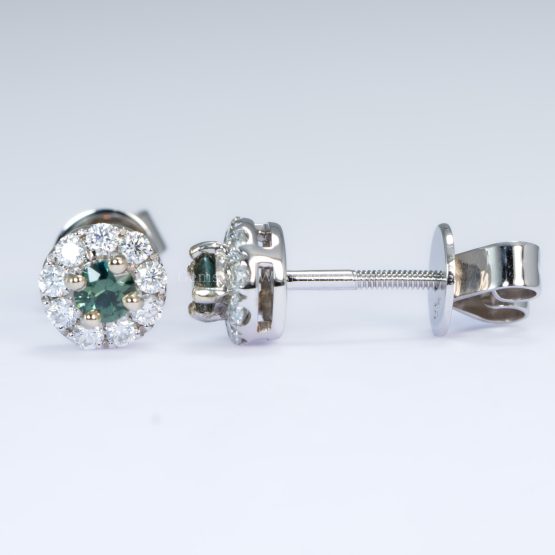 front and side view of Natural Teal Sapphire Stud Earrings in 9K White Gold with Moissanite Halo - 1982784