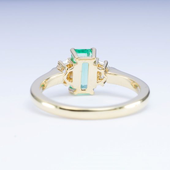 Back view of Natural Colombian Emerald and Cadillac Diamond Ring in 18K Yellow Gold – 1.13ct Elongated Emerald Cut - 1982782