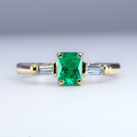 front view of Natural Colombian Emerald Ring with Tapered Diamonds in 18K Yellow Gold - 1982781