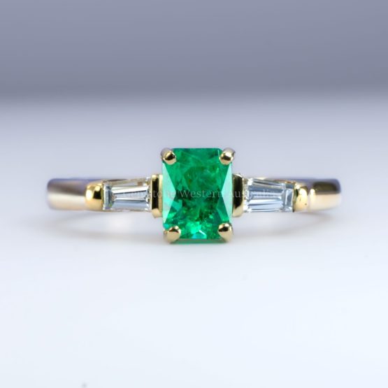 front view of Natural Colombian Emerald Ring with Tapered Diamonds in 18K Yellow Gold - 1982781