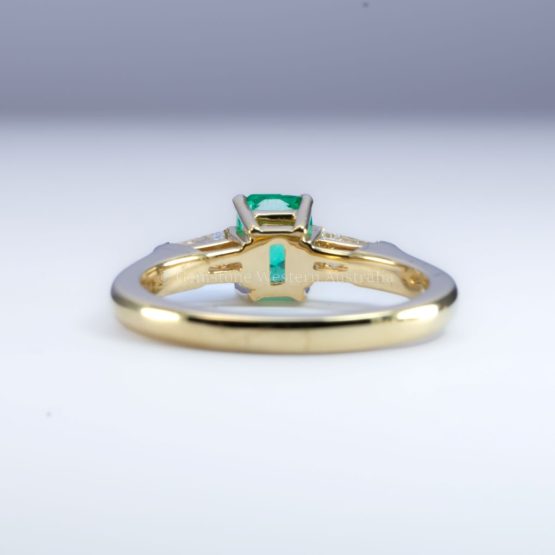 back view of Natural Colombian Emerald Ring with Tapered Diamonds in 18K Yellow Gold - 1982781