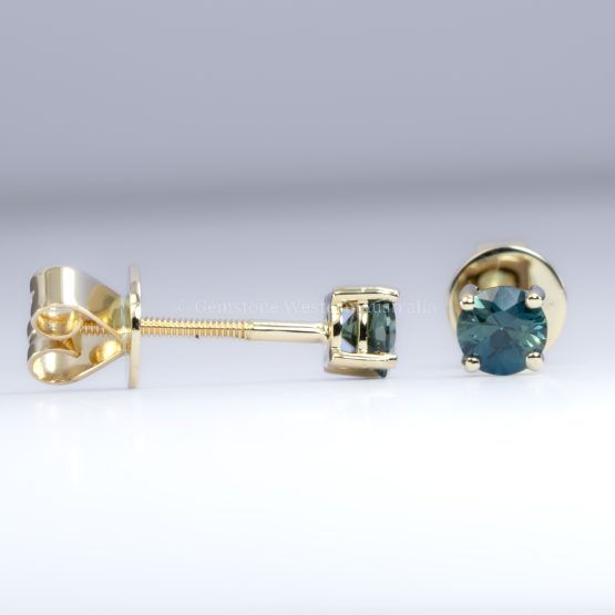 front and side view of Australian Teal Sapphire Stud Earrings in 18K Yellow Gold – 0.53ct Round Cut - 1982780