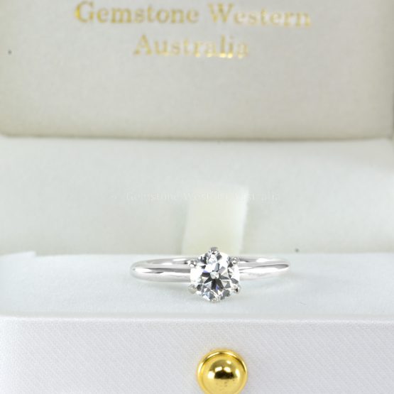 view on stand of 1.0 Carat GIA Certified Round Brilliant Diamond in Platinum Solitaire Setting