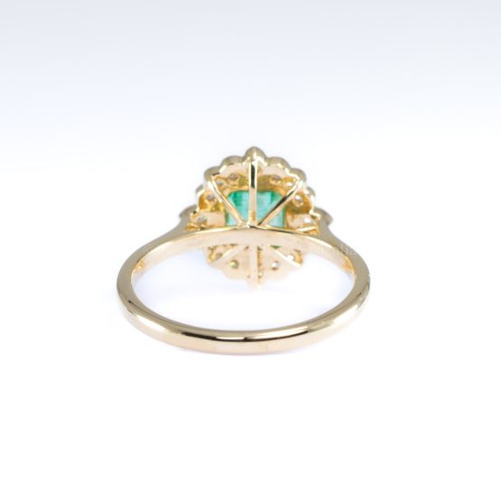 back view of Art Deco Inspired Colombian Emerald Ring with Diamond Halo in 18K Yellow Gold