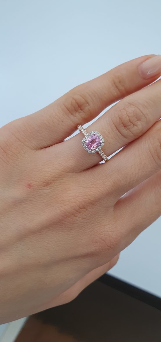 picture on hand of Unheated Pink Sapphire Halo Ring - 1.03ct in Platinum & 18K Rose Gold - 1982787