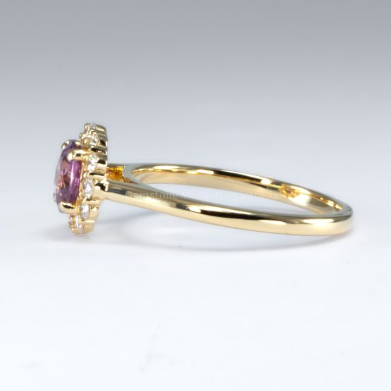 side view of Unheated Round Pink Sapphire Halo Ring in 18K Yellow Gold -