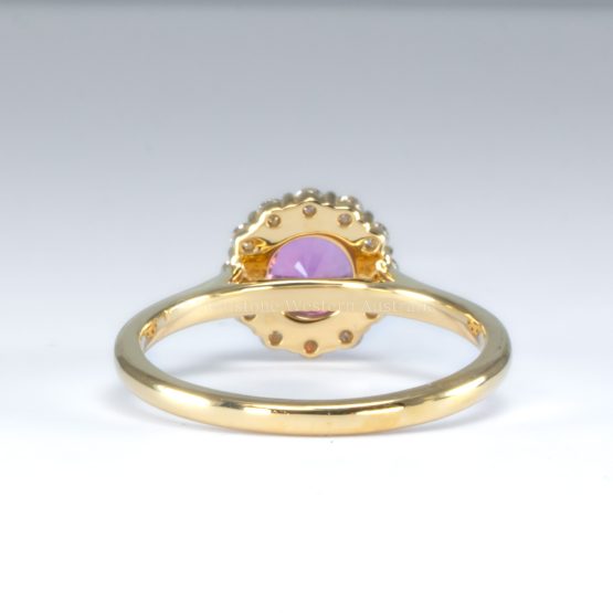 back view of Unheated Round Pink Sapphire Halo Ring in 18K Yellow Gold -