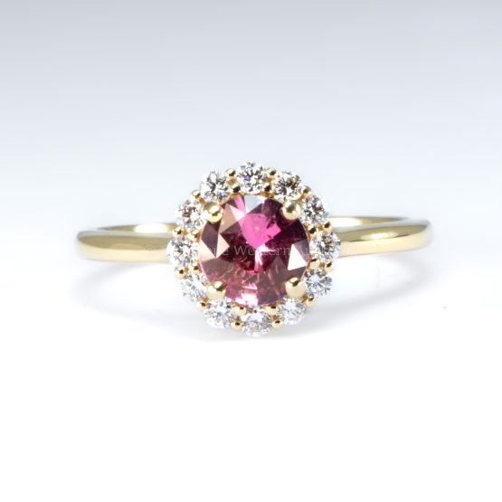 other front view of Unheated Round Pink Sapphire Halo Ring in 18K Yellow Gold -