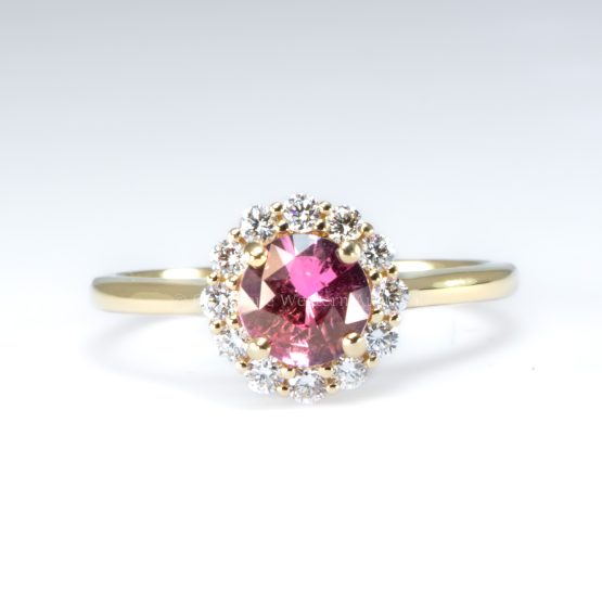 front view of Unheated Round Pink Sapphire Halo Ring in 18K Yellow Gold -