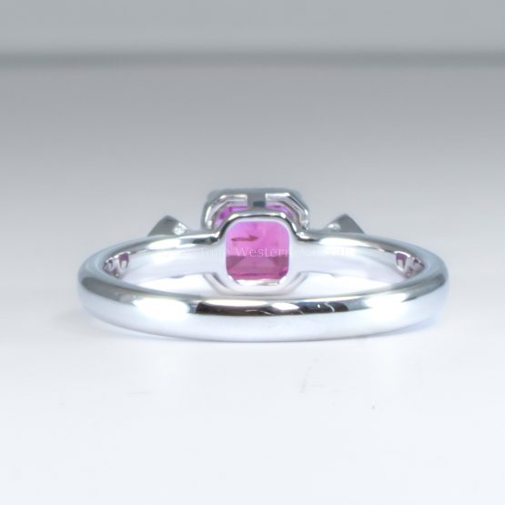 back view on white background of 1.05ct Natural Unheated Emerald Cut Pink Sapphire Ring in Platinum 950 with Diamond Accents and Filigree Detail