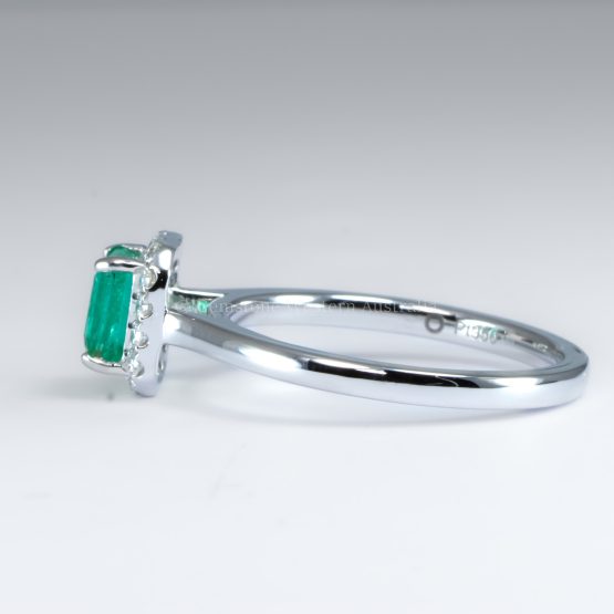 Photo of side view of Emerald Cut Colombian Emerald Ring with Diamond Halo in Platinum - 1982790