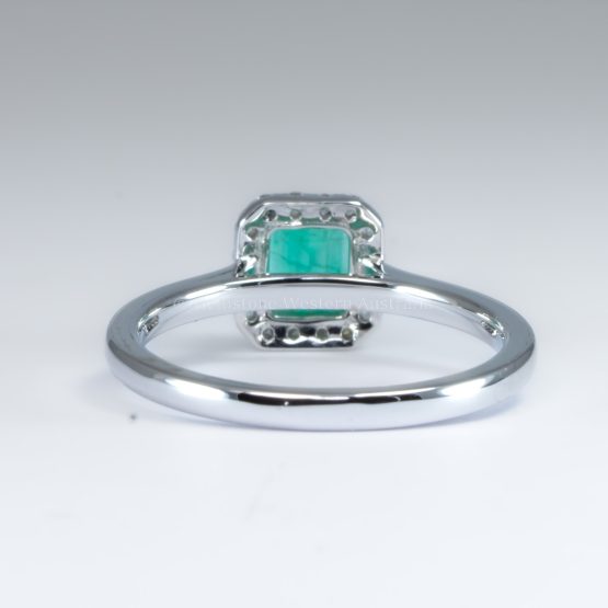 Photo of back view of Emerald Cut Colombian Emerald Ring with Diamond Halo in Platinum - 1982790