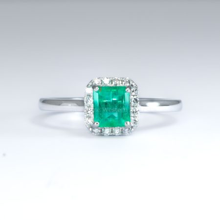 Photo of front view of Emerald Cut Colombian Emerald Ring with Diamond Halo in Platinum - 1982790