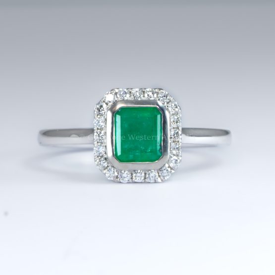 front view of Emerald Cut Colombian Emerald Ring with Diamond Halo in Platinum - 1982791