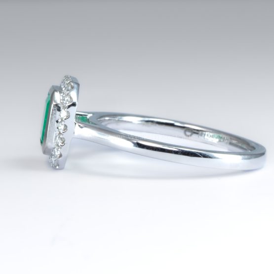 side view of Emerald Cut Colombian Emerald Ring with Diamond Halo in Platinum - 1982791