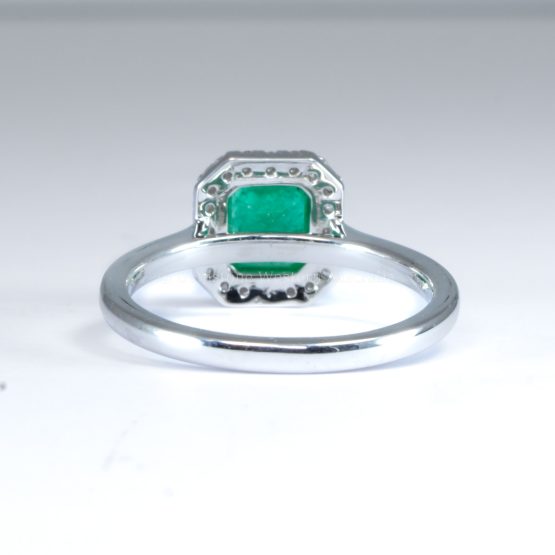 photo of back view of Emerald Cut Colombian Emerald Ring with Diamond Halo in Platinum - 1982791