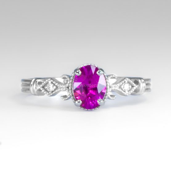 second Front view on white background of Oval Cut Pink Sapphire and Diamond Ring in Platinum 950 with Filigree Detail