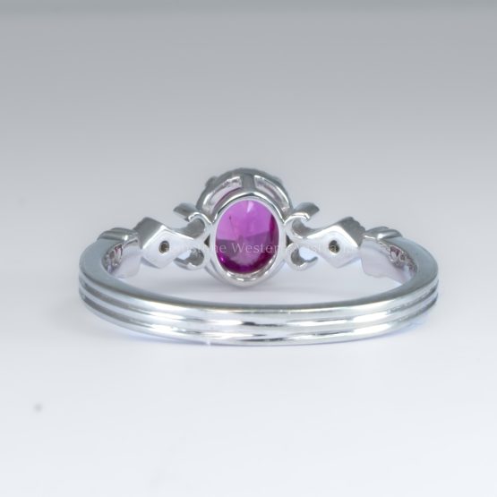 back view on white background of Oval Cut Pink Sapphire and Diamond Ring in Platinum 950 with Filigree Detail