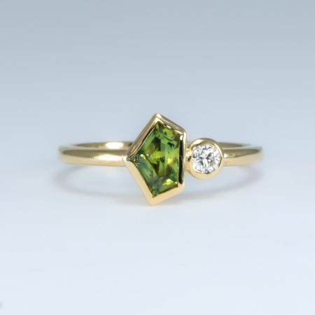 front view on hand of Toi et Moi Ring in 18K Yellow Gold with Natural Teal Sapphire and Diamond - 1982799