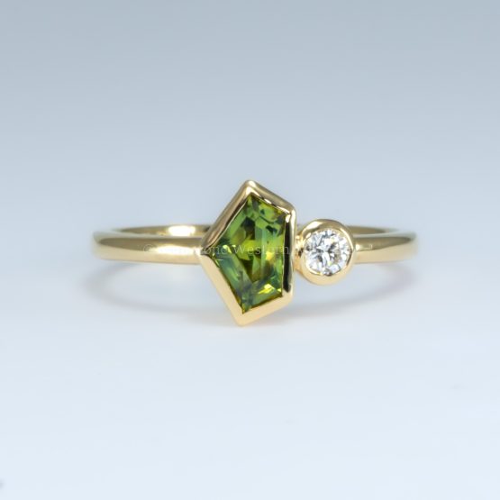 front view on hand of Toi et Moi Ring in 18K Yellow Gold with Natural Teal Sapphire and Diamond - 1982799