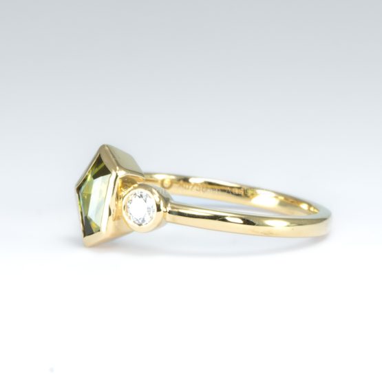 side view on hand of Toi et Moi Ring in 18K Yellow Gold with Natural Teal Sapphire and Diamond - 1982799