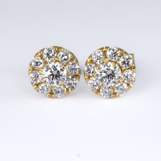 photo of front view of finished product of 2.44 Carat GIA Natural Diamond Stud Earrings in 18K Yellow Gold