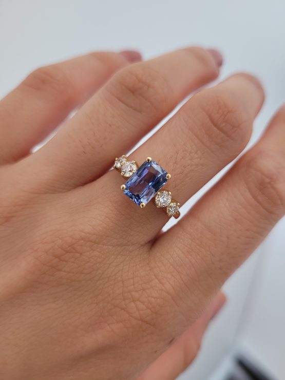 second photo on hand of 2.01ct Natural Blue Sapphire Ring with Diamond Accents in 18K Yellow Gold - 1982800