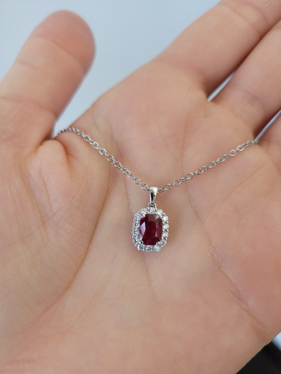 view on hand of 1.05ct Natural Unheated Ruby Pendant with Diamond Halo in Platinum 950 -