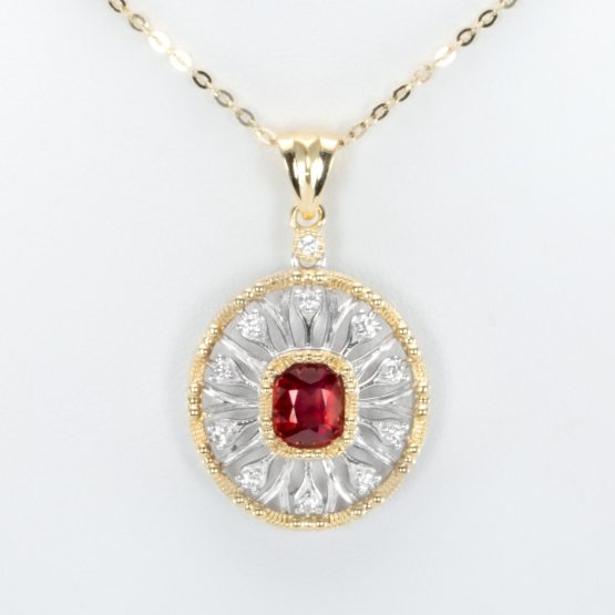 front view of Captivating Cushion-Cut Ruby Pendant in Yellow Gold & Platinum