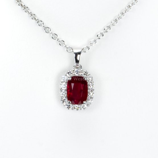 front view of of 1.05ct Natural Unheated Ruby Pendant with Diamond Halo in Platinum 950 -