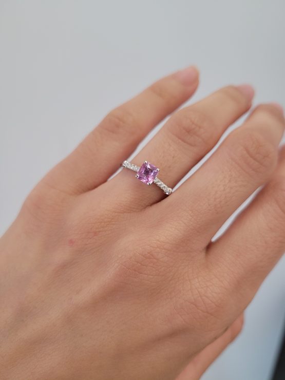 photo on hand 0.67ct Octagon Cut Pink Sapphire and Diamond Ring in Platinum