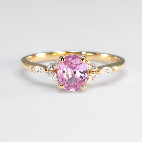 front view of Unheated 1.34ct Baby Pink Sapphire Ring with Marquise Diamond Accents in 18K Yellow Gold