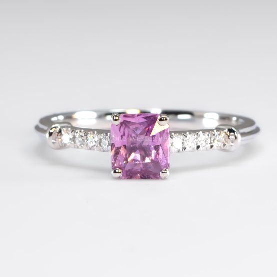 front view of 0.67ct Octagon Cut Pink Sapphire and Diamond Ring in Platinum