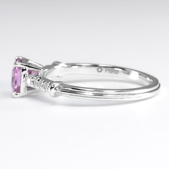 side view of 0.67ct Octagon Cut Pink Sapphire and Diamond Ring in Platinum