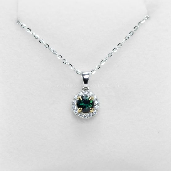 second front view of 0.64ct Australian Teal Sapphire & Moissanite Halo Pendant in 9K White Gold