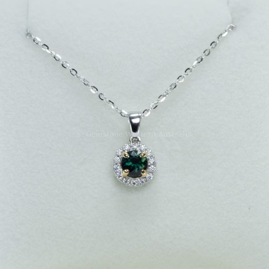 front view of 0.64ct Australian Teal Sapphire & Moissanite Halo Pendant in 9K White Gold