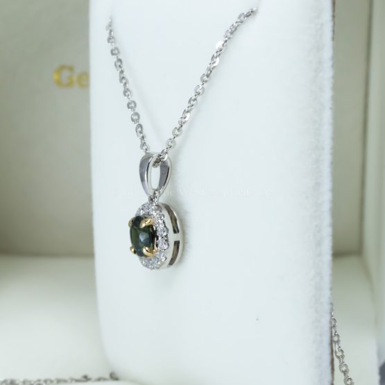 side view of 0.64ct Australian Teal Sapphire & Moissanite Halo Pendant in 9K White Gold