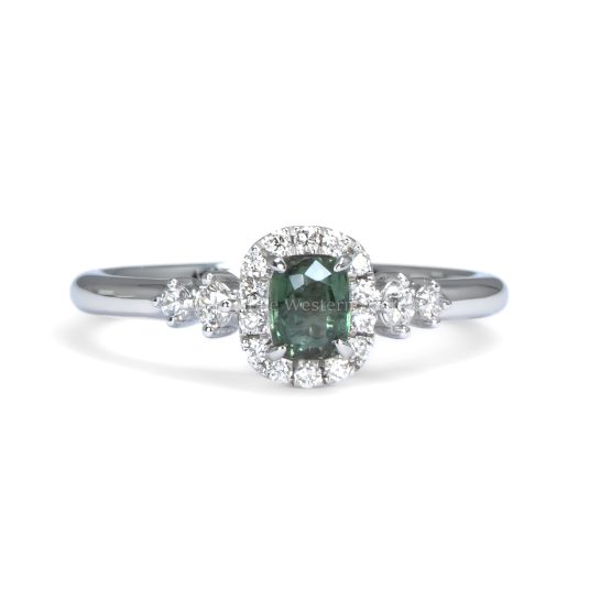 front view of Platinum Alexandrite Ring with Diamond Halo and Side Accents